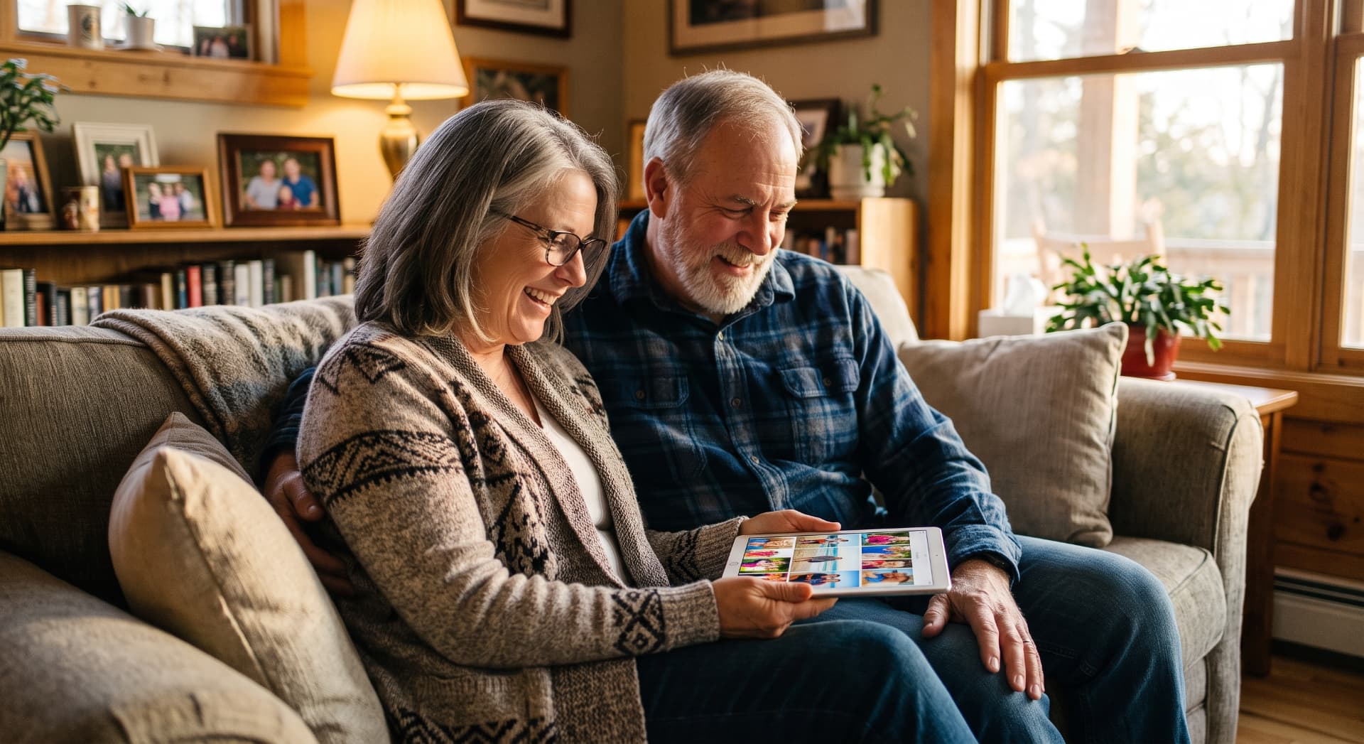 A happy couple using a tablet together
